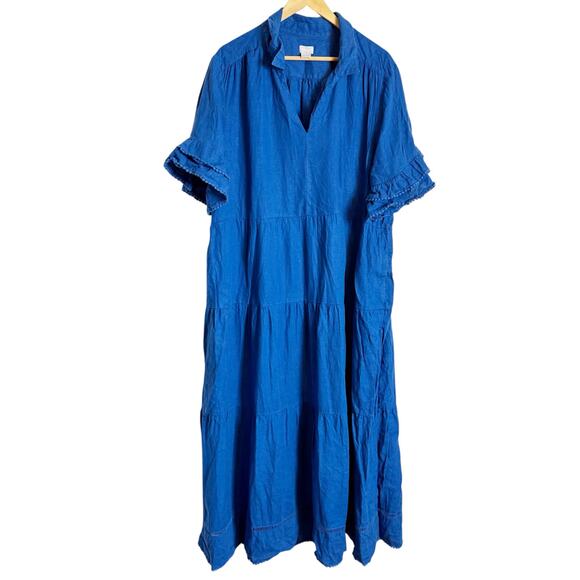Chico’s Blue Linen Flounce Sleeve Tiered Collared Relaxed Maxi Dress Size 22 - Picture 2 of 10